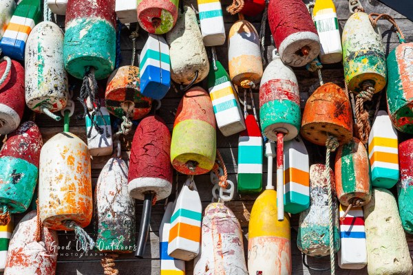 Colorful lobster pot buoys fill a wall along the waterfront in Halifax, Nova Scotia in Canada.