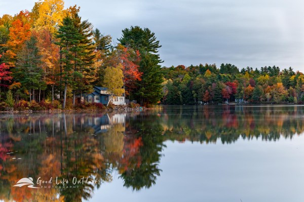 Brilliant fall foliage is reflected on a calm pond on a cloudy morning in Penebscot County, Maine.